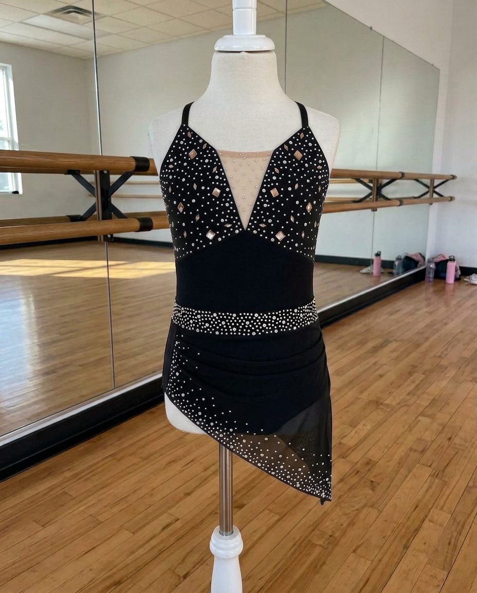Odette Ruched Asymmetric Dance Dress – Rhinestone Performance Costume