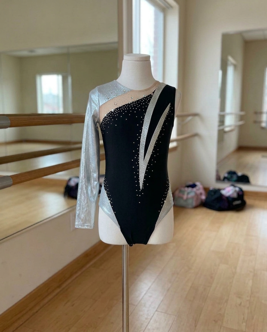 Aurora Long-Sleeve Rhinestone Leotard – Asymmetric Color-Block