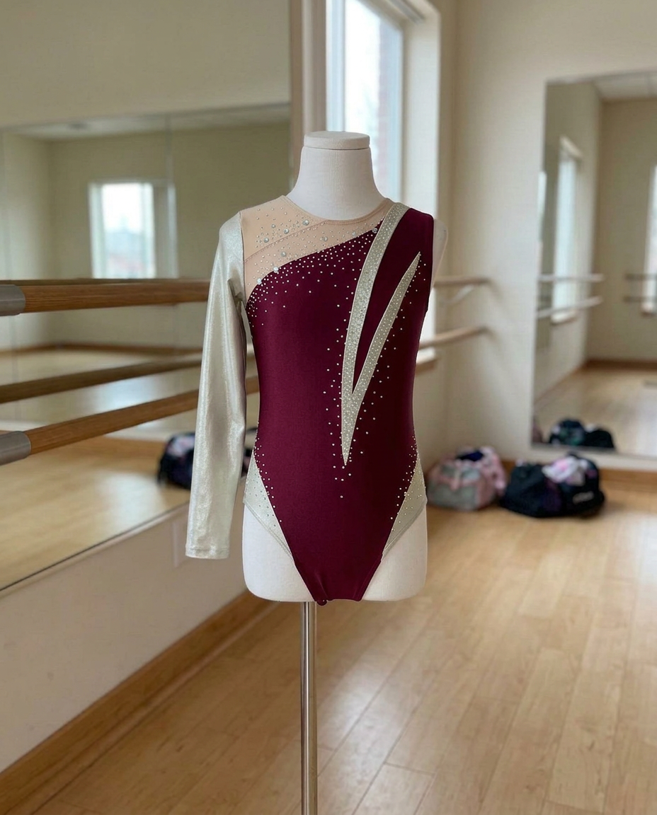 Aurora Long-Sleeve Rhinestone Leotard – Asymmetric Color-Block