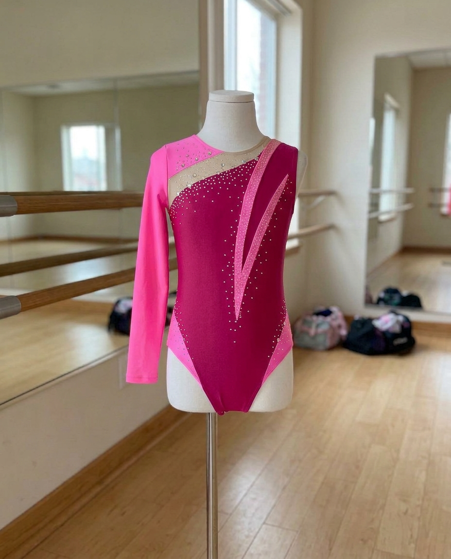 Aurora Long-Sleeve Rhinestone Leotard – Asymmetric Color-Block