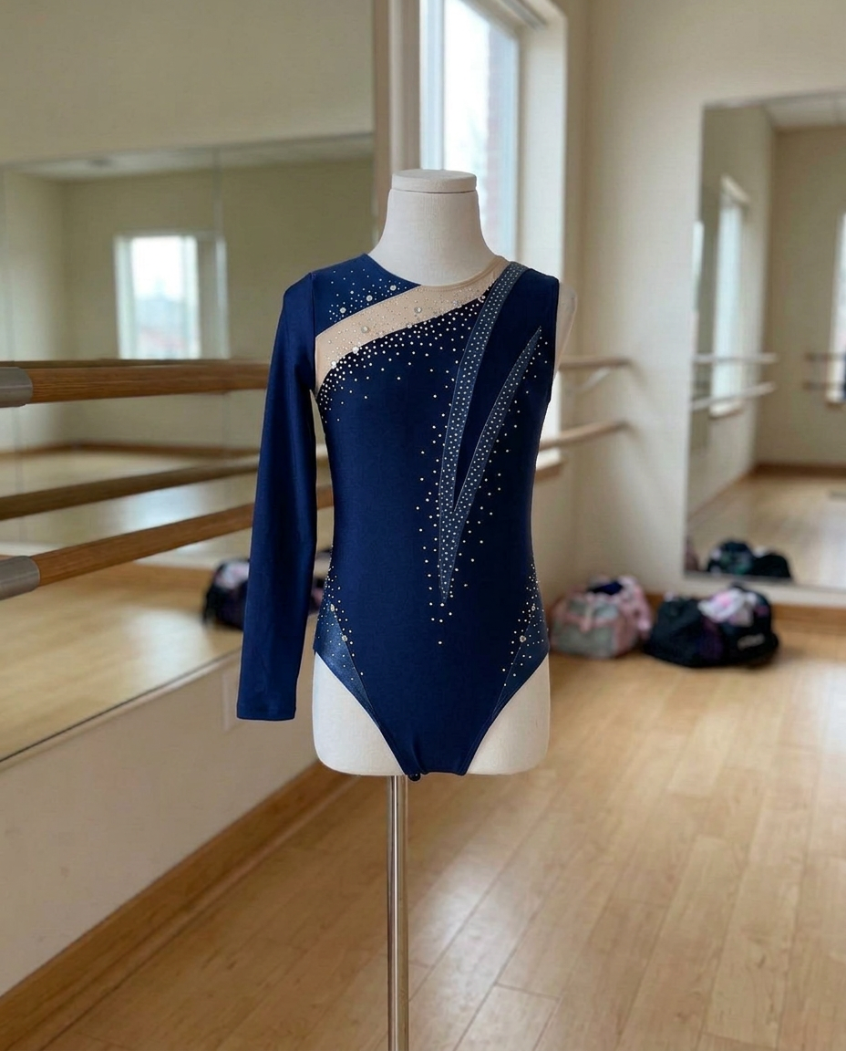 Aurora Long-Sleeve Rhinestone Leotard – Asymmetric Color-Block