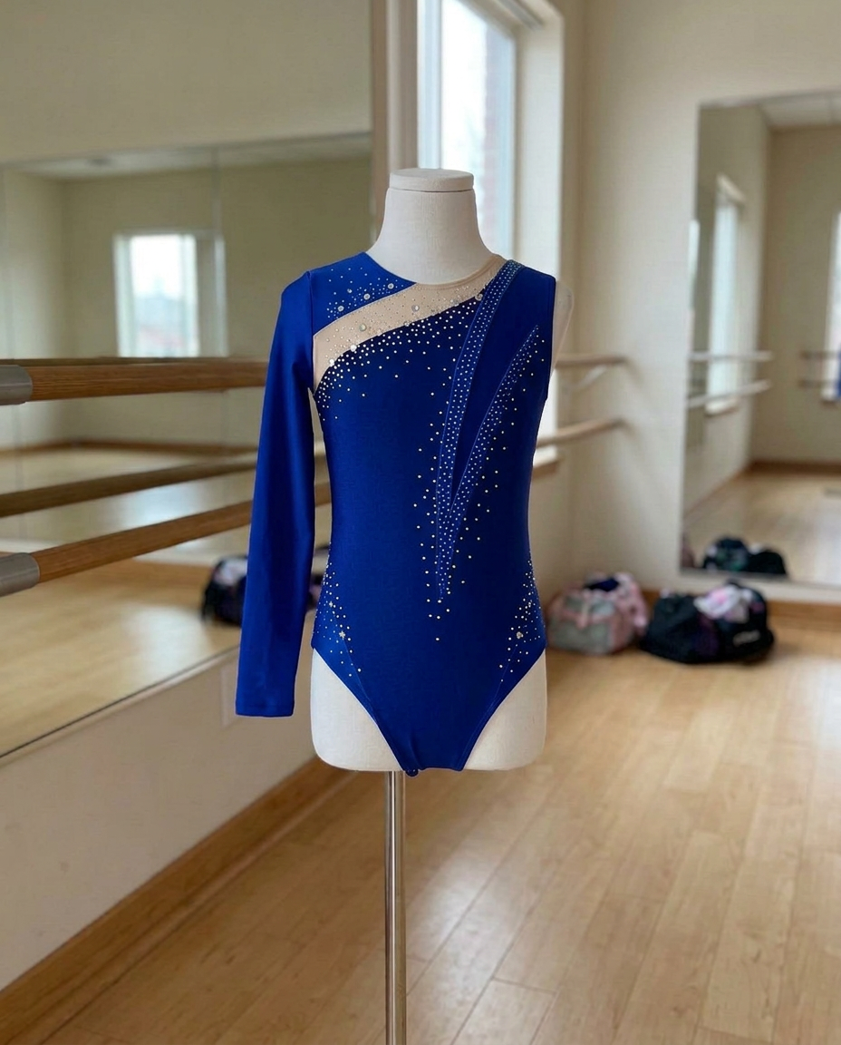 Aurora Long-Sleeve Rhinestone Leotard – Asymmetric Color-Block
