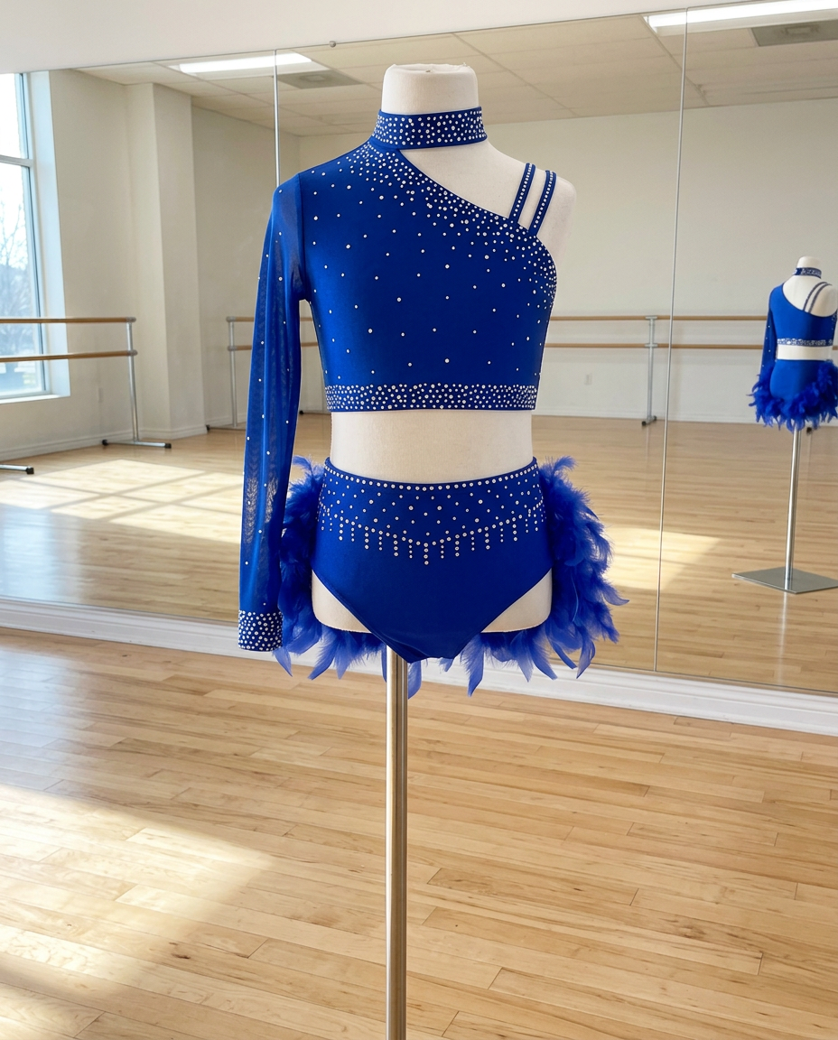 Starlight Feather Dance Costume – Rhinestone Crop Top & Feather Shorts