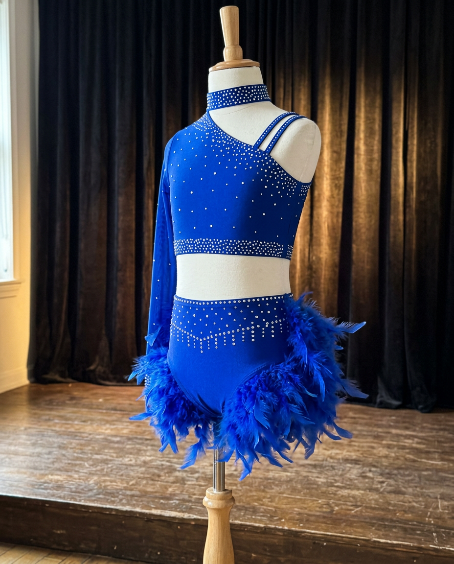 Starlight Feather Dance Costume – Rhinestone Crop Top & Feather Shorts