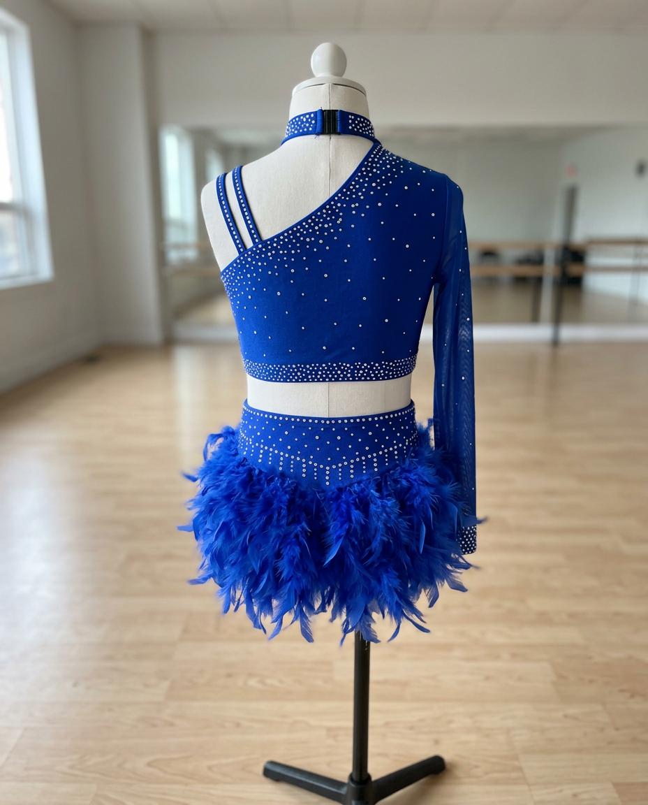 Starlight Feather Dance Costume – Rhinestone Crop Top & Feather Shorts