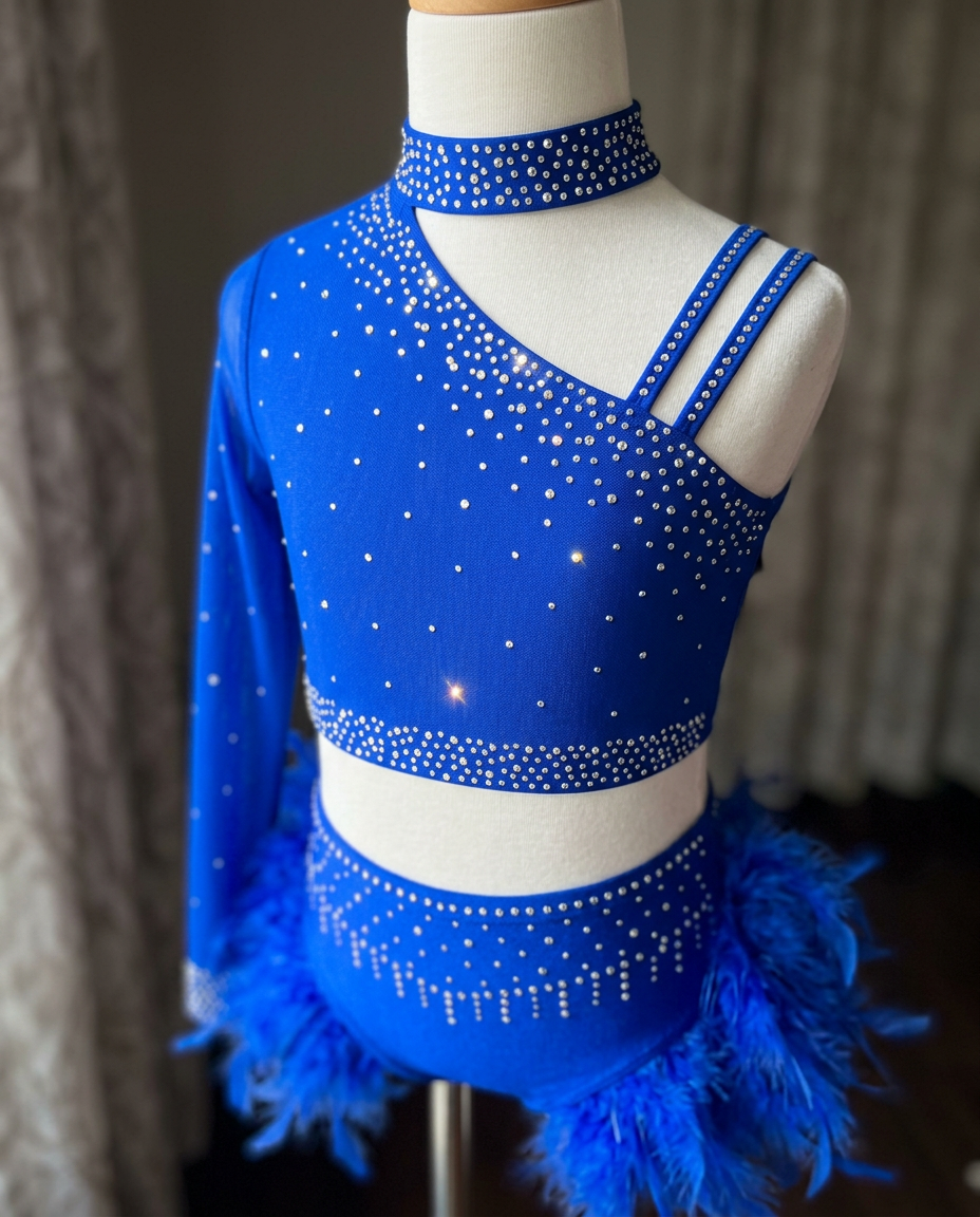 Starlight Feather Dance Costume – Rhinestone Crop Top & Feather Shorts