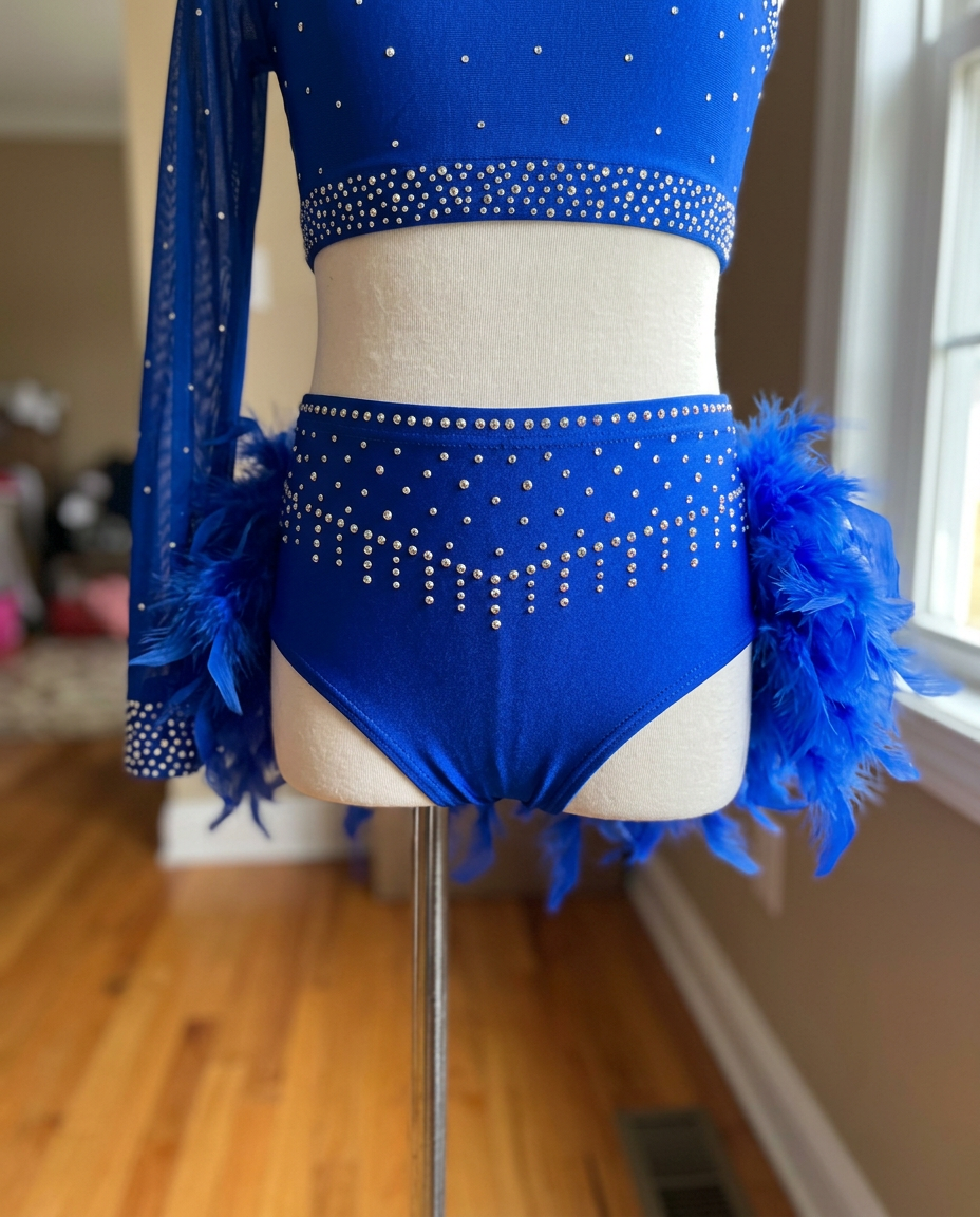 Starlight Feather Dance Costume – Rhinestone Crop Top & Feather Shorts