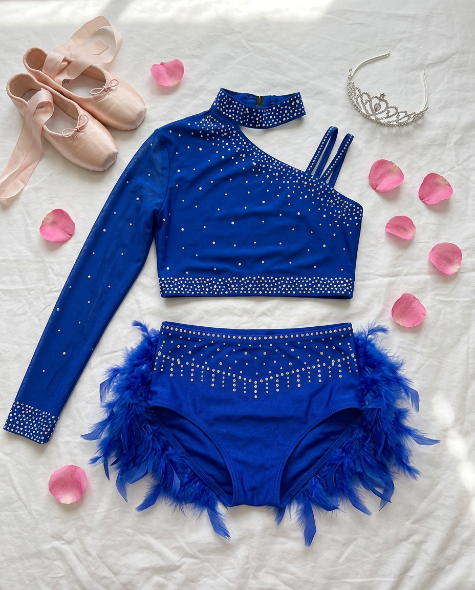 Starlight Feather Dance Costume – Rhinestone Crop Top & Feather Shorts