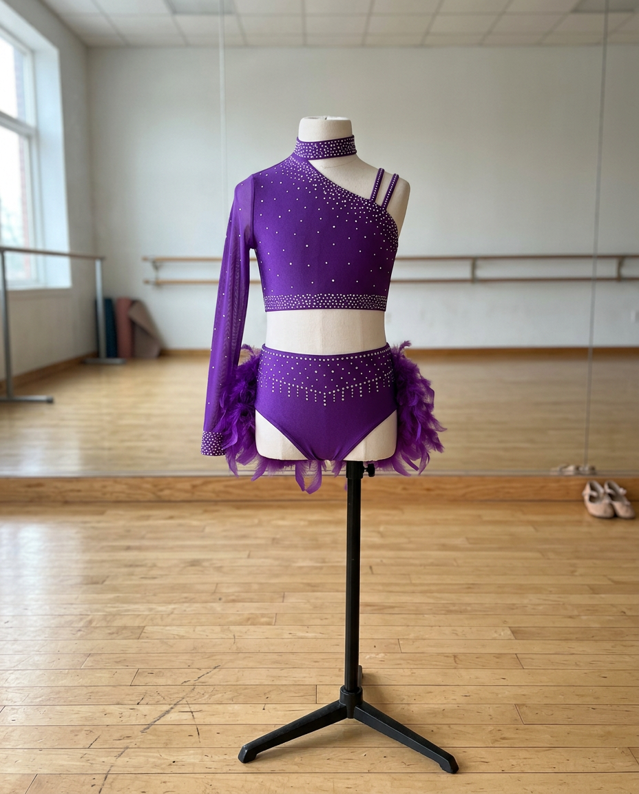 Starlight Feather Dance Costume – Rhinestone Crop Top & Feather Shorts