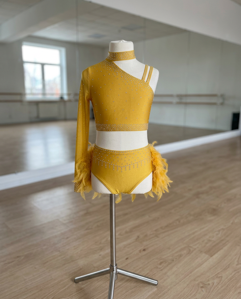 Starlight Feather Dance Costume – Rhinestone Crop Top & Feather Shorts