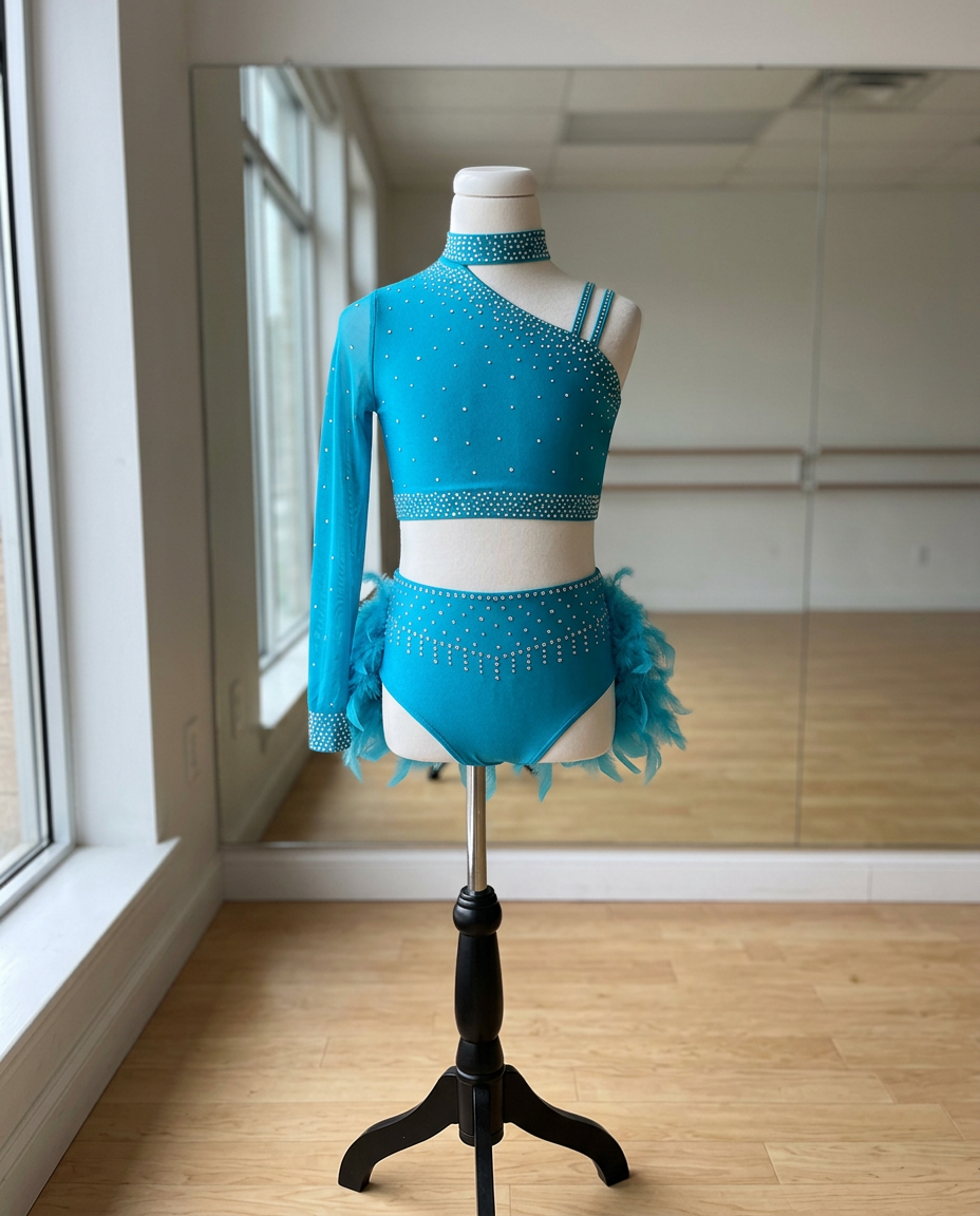 Starlight Feather Dance Costume – Rhinestone Crop Top & Feather Shorts