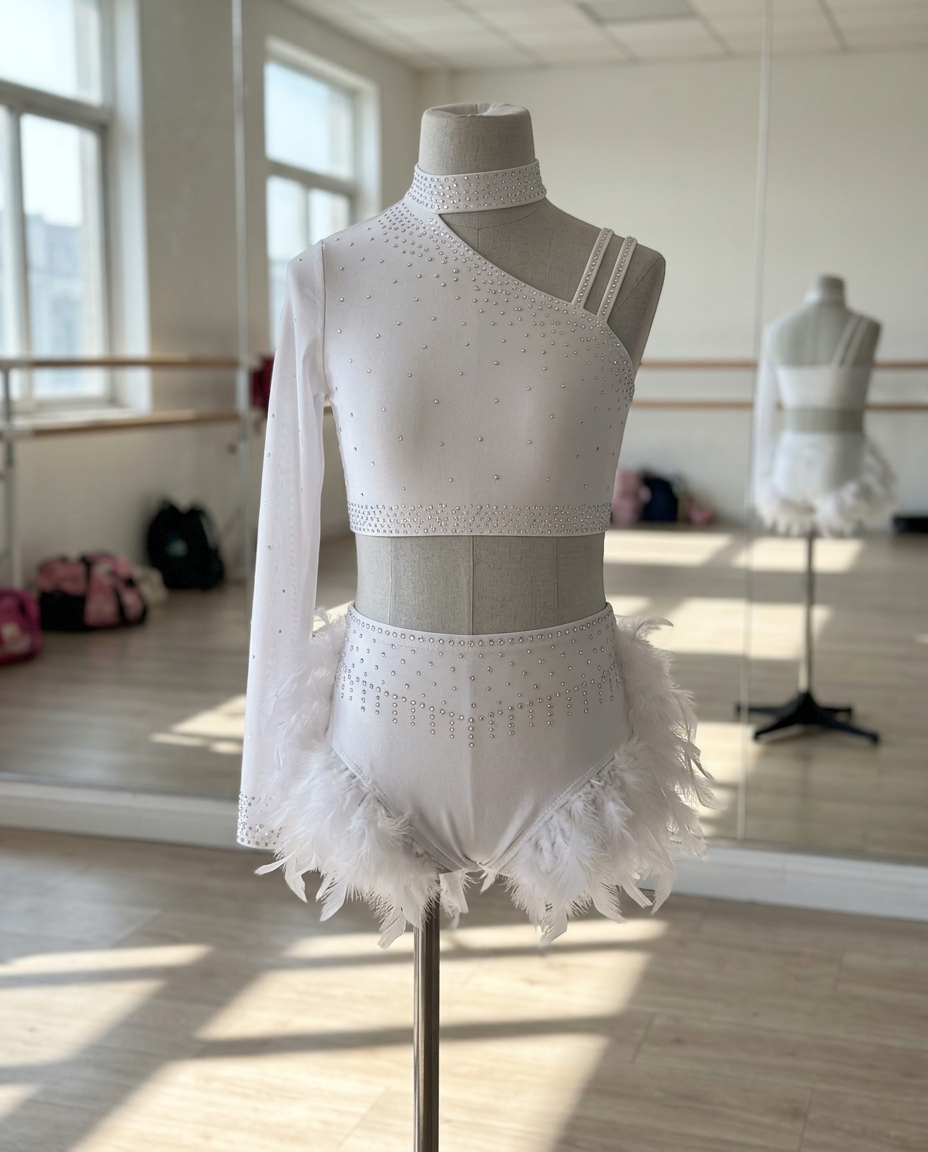 Starlight Feather Dance Costume – Rhinestone Crop Top & Feather Shorts