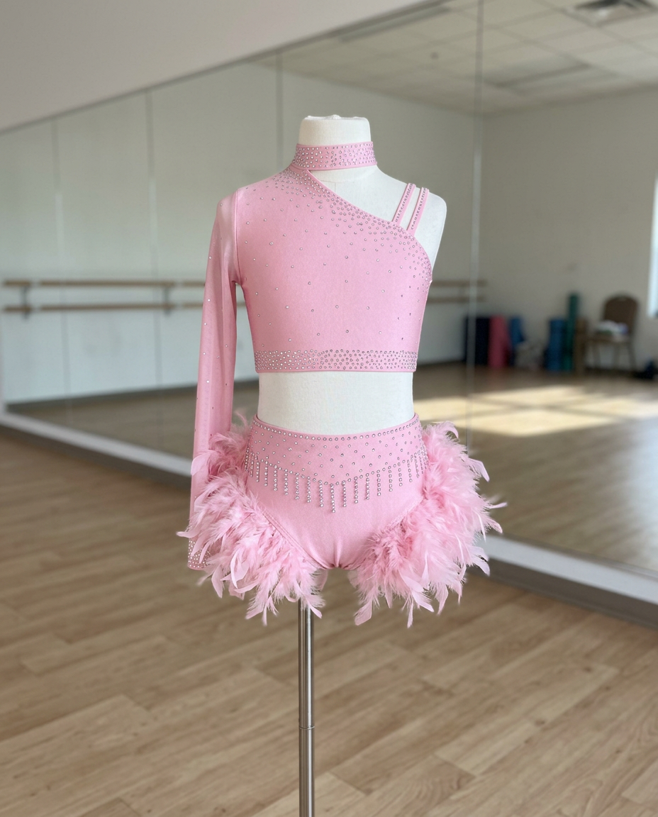 Starlight Feather Dance Costume – Rhinestone Crop Top & Feather Shorts