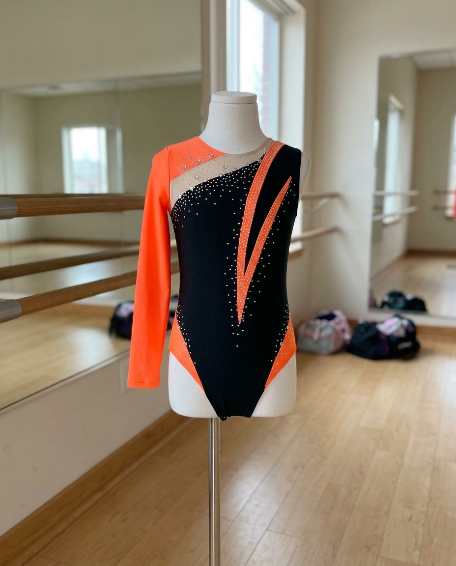 Aurora Long-Sleeve Rhinestone Leotard – Asymmetric Color-Block