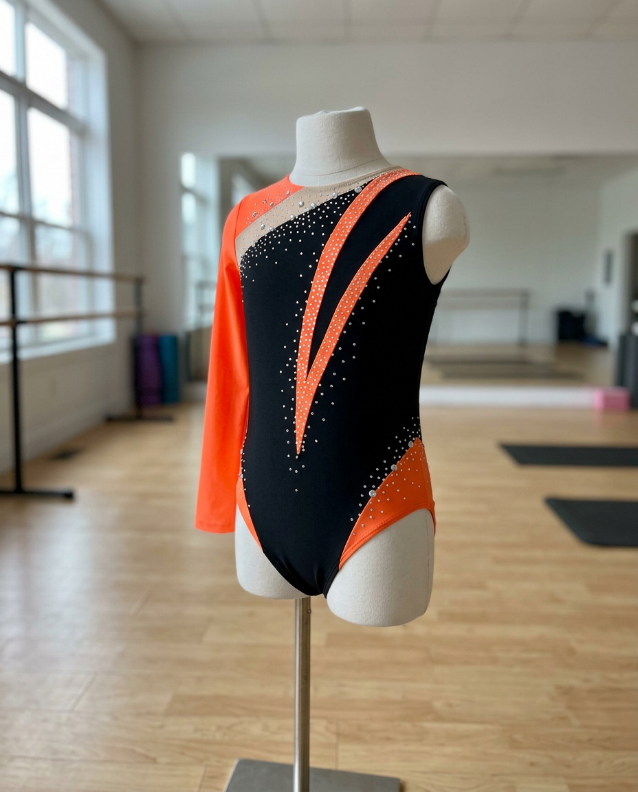 Aurora Long-Sleeve Rhinestone Leotard – Asymmetric Color-Block
