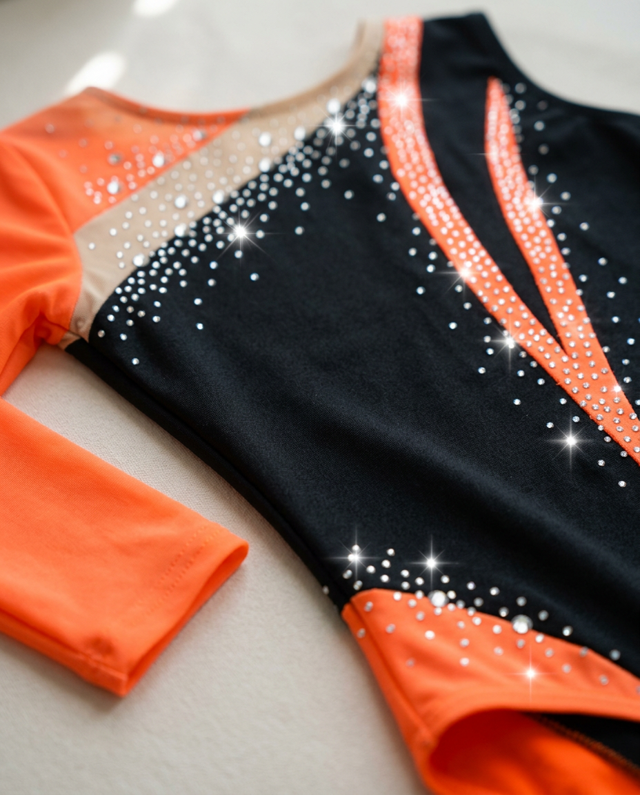 Aurora Long-Sleeve Rhinestone Leotard – Asymmetric Color-Block