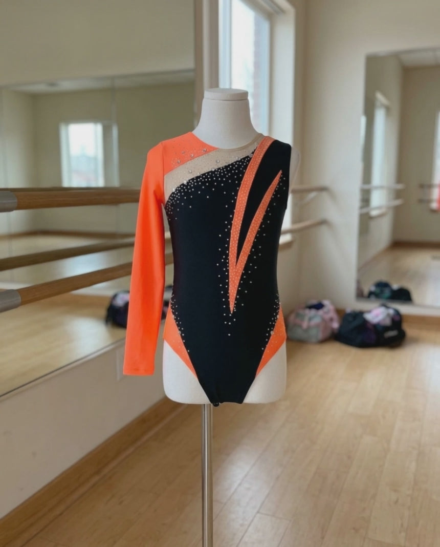 Aurora Long-Sleeve Rhinestone Leotard – Asymmetric Color-Block